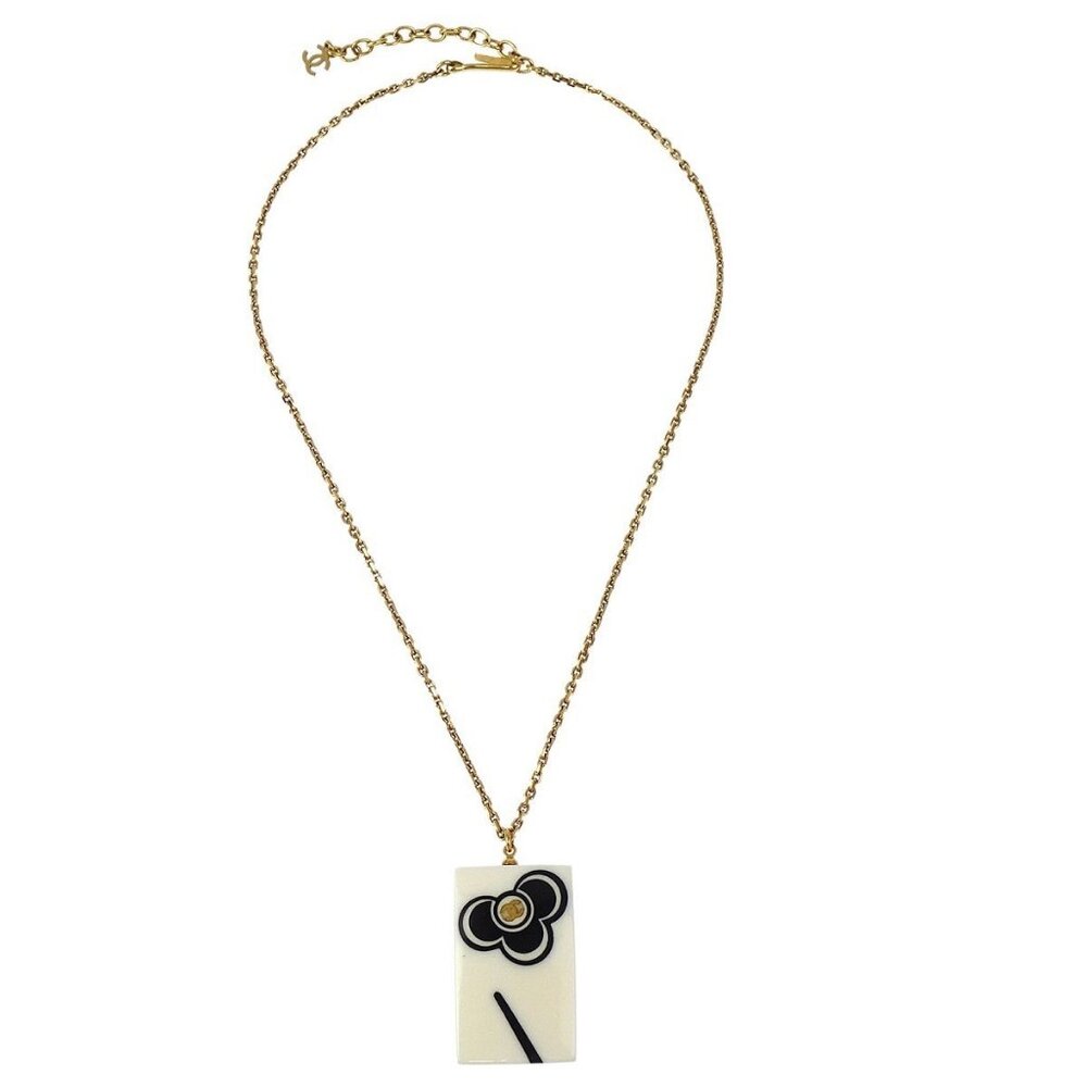 Chanel Rectangle Chain Necklace Pendant Gold White